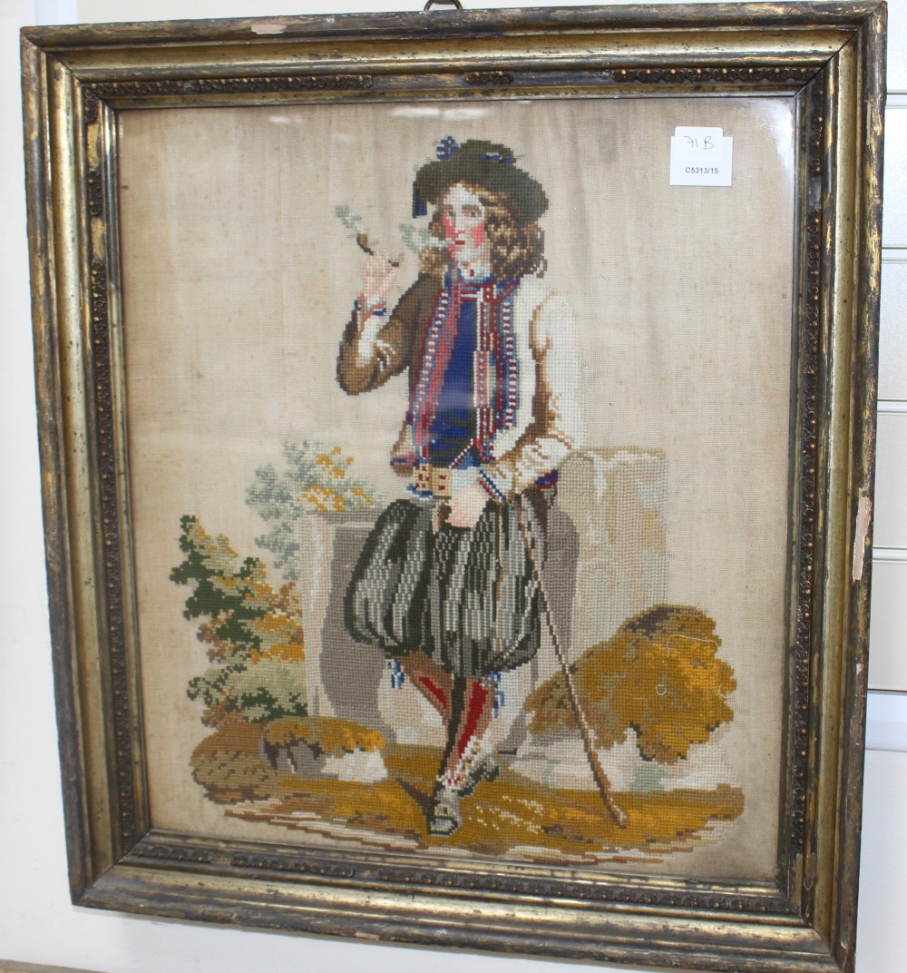 A 19th century Berlin needlework panel, depicting a gentleman smoking a pipe, 53 x 47cm, overall with frame 65 x 58cm